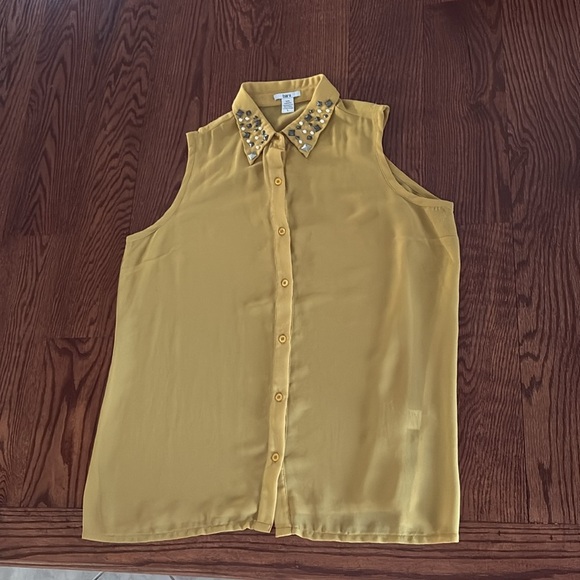 Bar III jeweled Embellished collar sheer Button Down Blouse mustard yellow Large - Picture 10 of 11